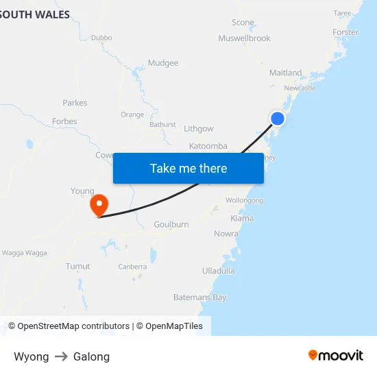 Wyong to Galong map