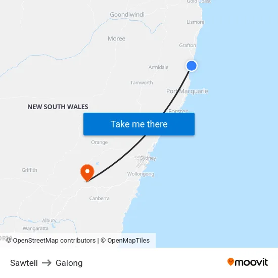 Sawtell to Galong map