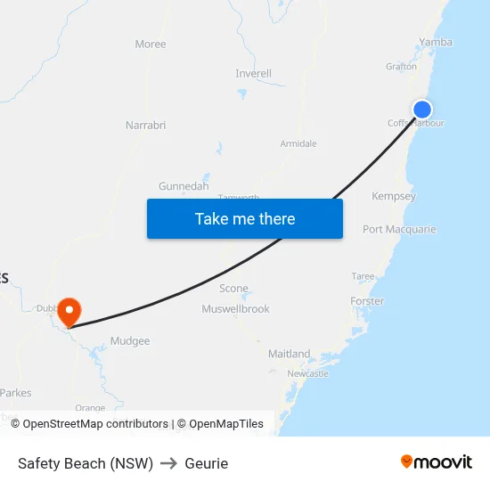Safety Beach (NSW) to Geurie map
