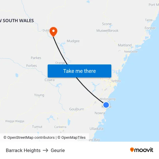 Barrack Heights to Geurie map