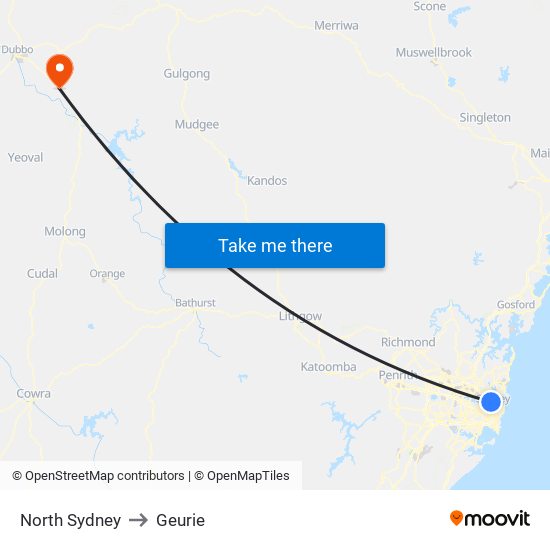 North Sydney to Geurie map