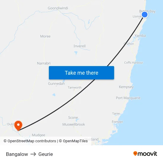 Bangalow to Geurie map