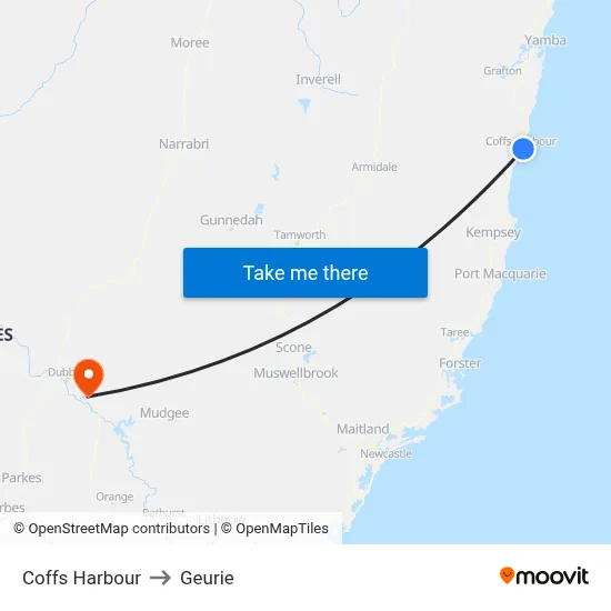 Coffs Harbour to Geurie map