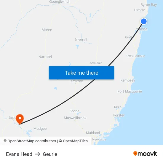 Evans Head to Geurie map