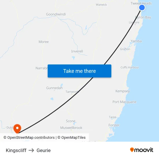 Kingscliff to Geurie map