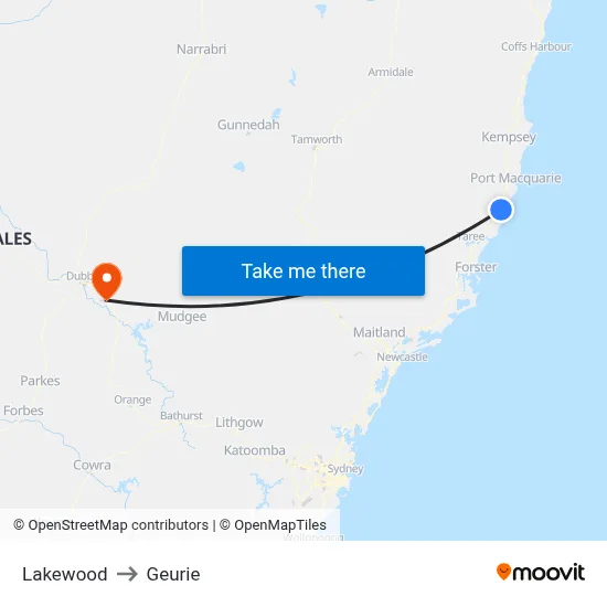 Lakewood to Geurie map