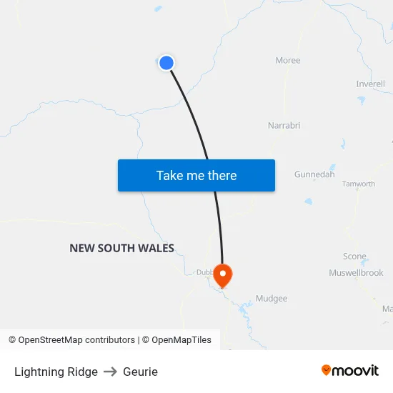 Lightning Ridge to Geurie map