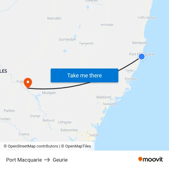 Port Macquarie to Geurie map