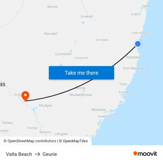 Valla Beach to Geurie map