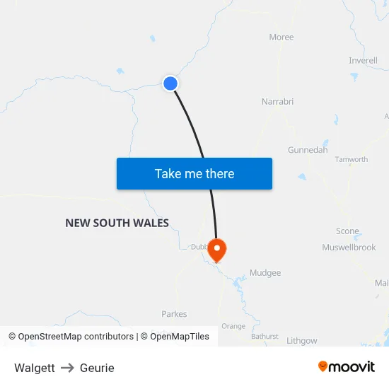 Walgett to Geurie map
