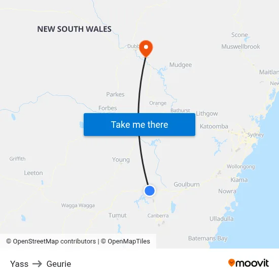 Yass to Geurie map
