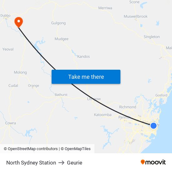 North Sydney Station to Geurie map