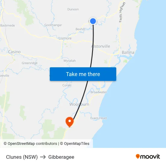 Clunes (NSW) to Gibberagee map
