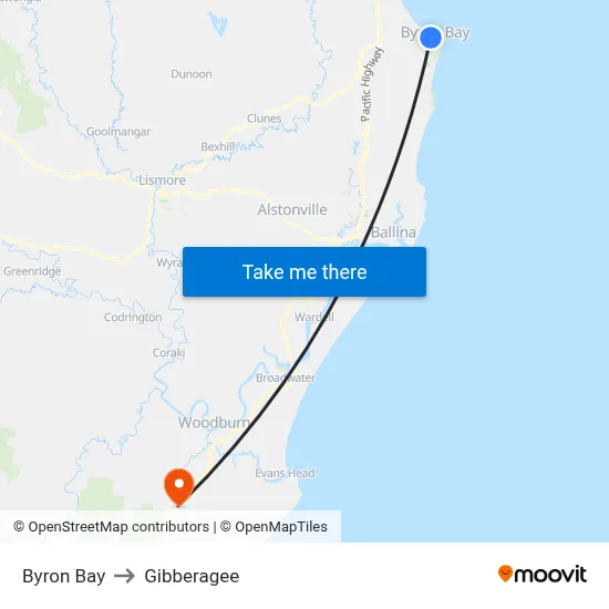Byron Bay to Gibberagee map