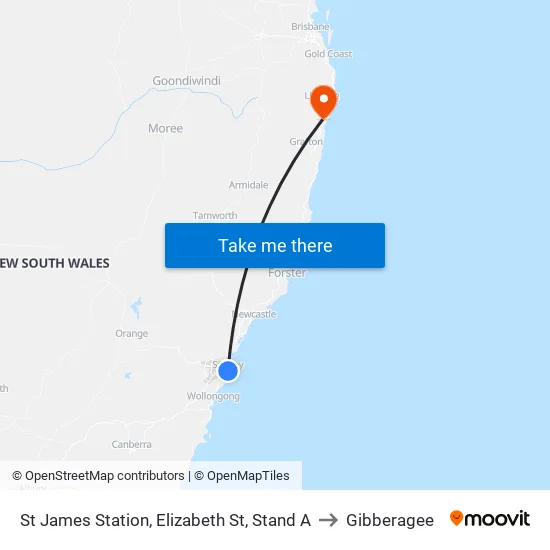 St James Station, Elizabeth St, Stand A to Gibberagee map