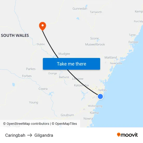 Caringbah to Gilgandra map