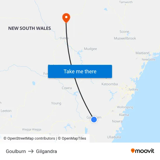 Goulburn to Gilgandra map