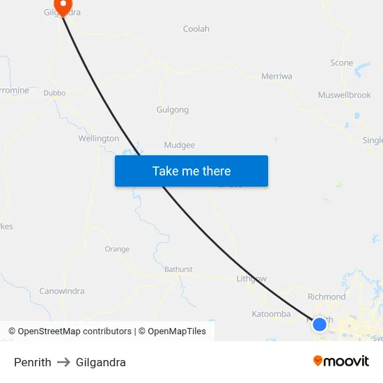 Penrith to Gilgandra map