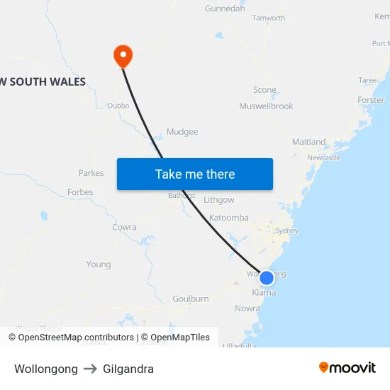 Wollongong to Gilgandra map