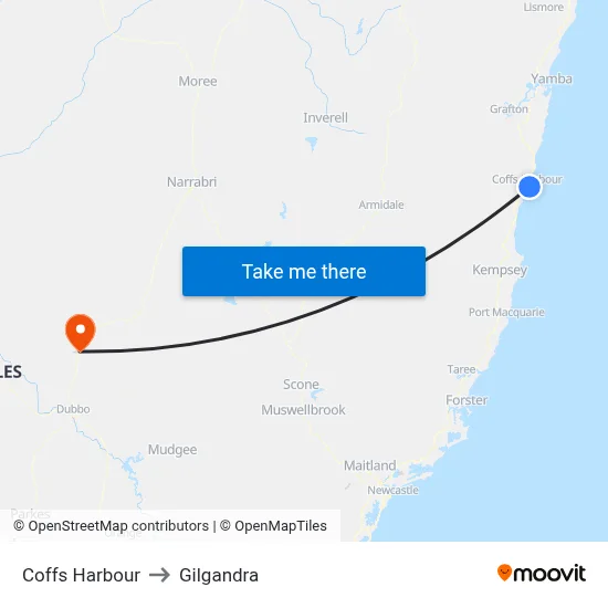 Coffs Harbour to Gilgandra map