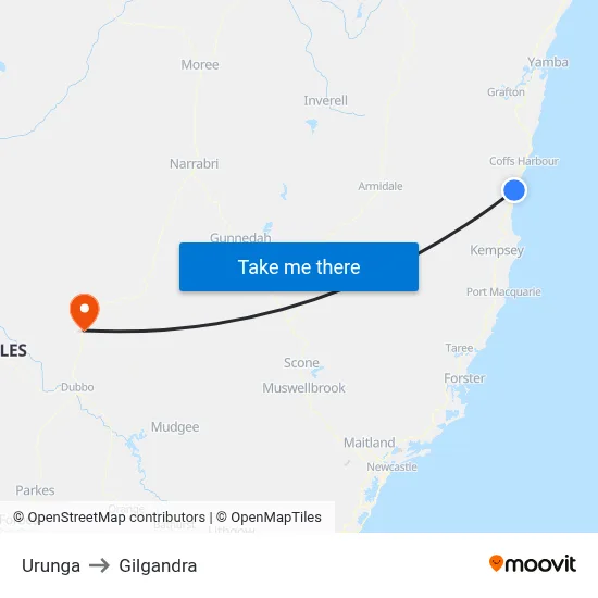 Urunga to Gilgandra map
