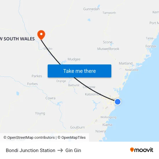 Bondi Junction Station to Gin Gin map