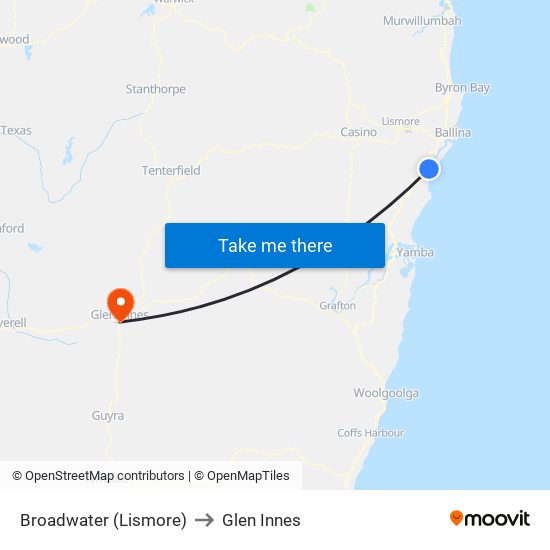 Broadwater (Lismore) to Glen Innes map