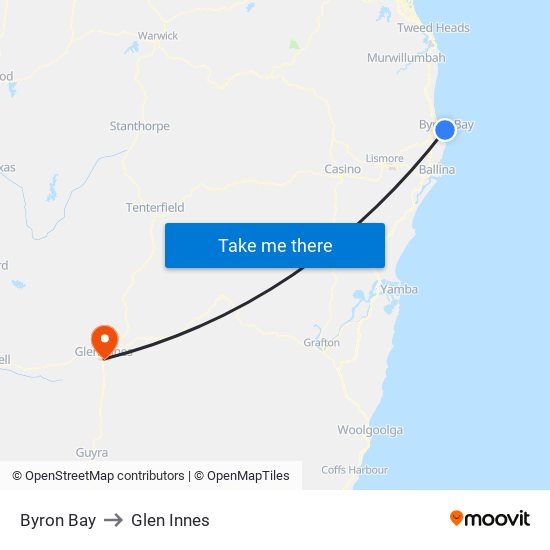 Byron Bay to Glen Innes map