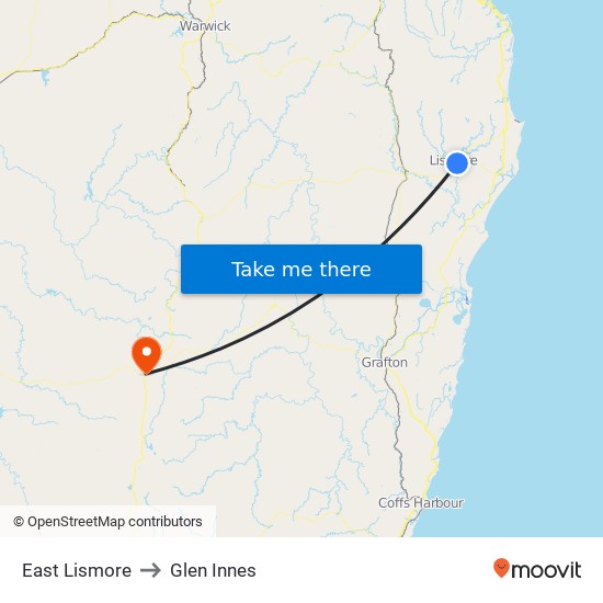 East Lismore to Glen Innes map