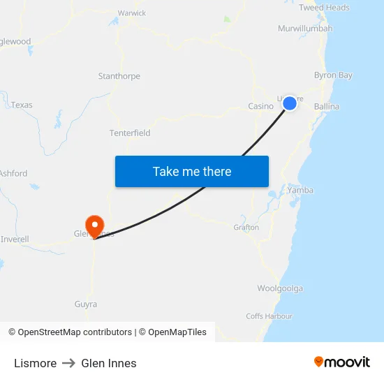 Lismore to Glen Innes map