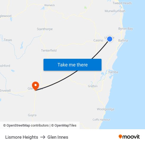 Lismore Heights to Glen Innes map