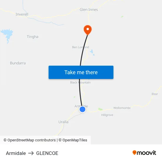 Armidale to GLENCOE map
