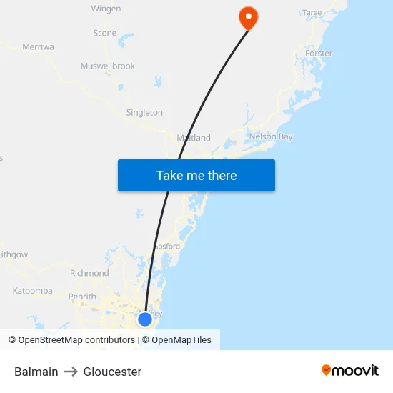 Balmain to Gloucester map