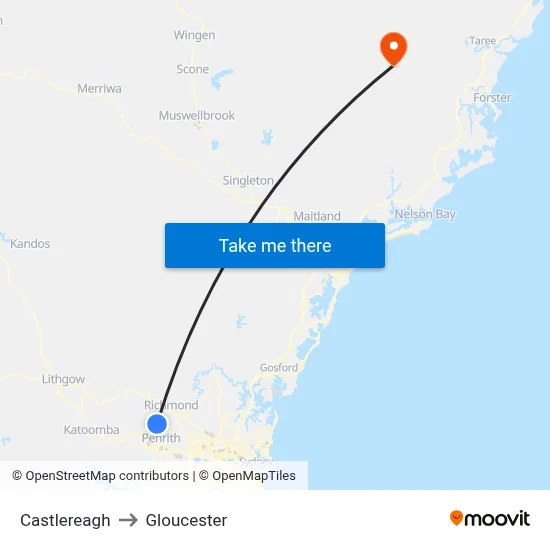 Castlereagh to Gloucester map