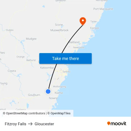 Fitzroy Falls to Gloucester map