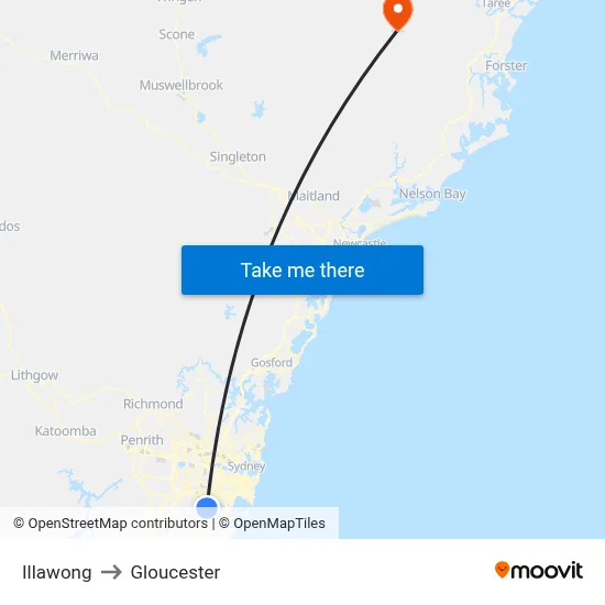 Illawong to Gloucester map