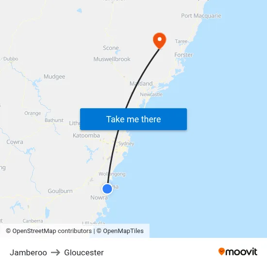 Jamberoo to Gloucester map