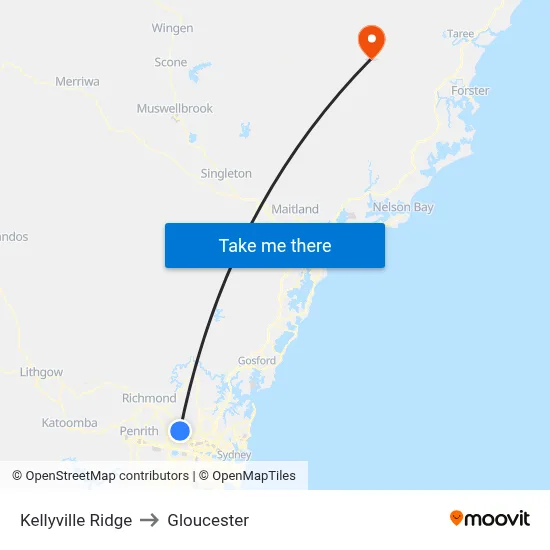 Kellyville Ridge to Gloucester map
