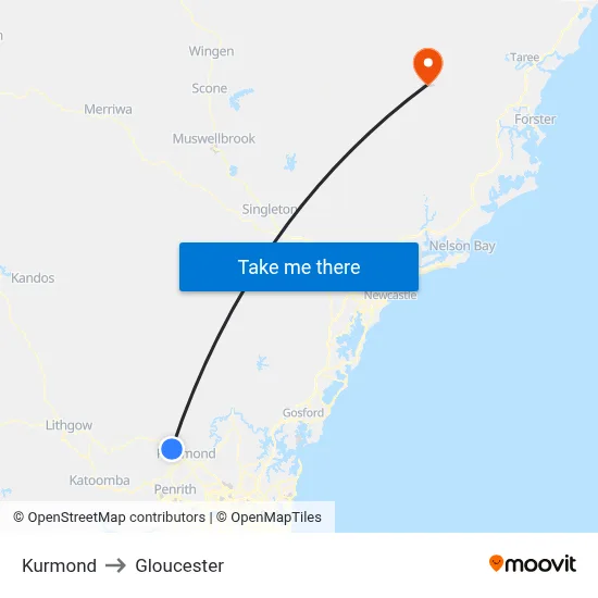 Kurmond to Gloucester map