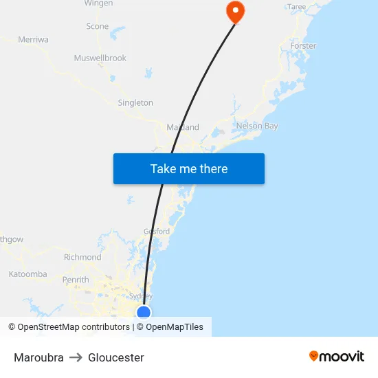 Maroubra to Gloucester map