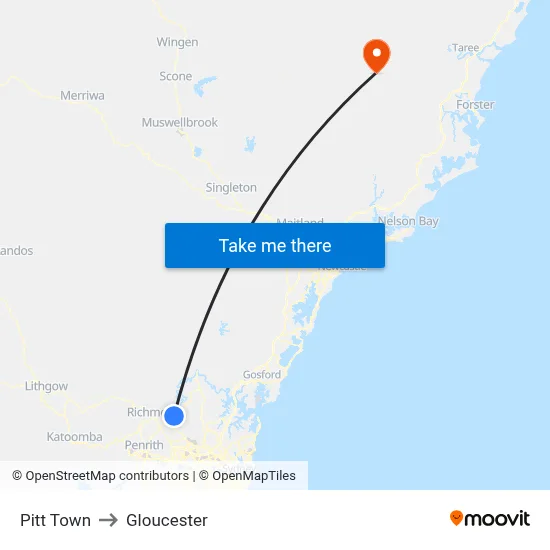 Pitt Town to Gloucester map
