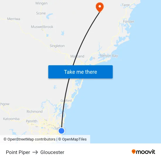 Point Piper to Gloucester map