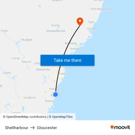 Shellharbour to Gloucester map