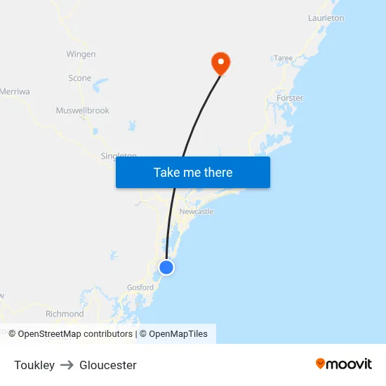 Toukley to Gloucester map