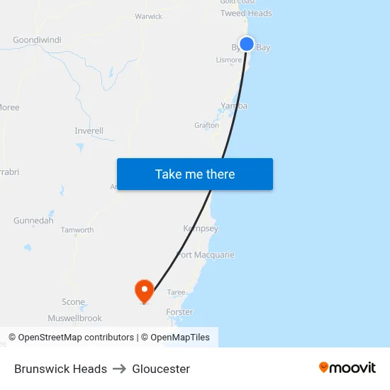 Brunswick Heads to Gloucester map