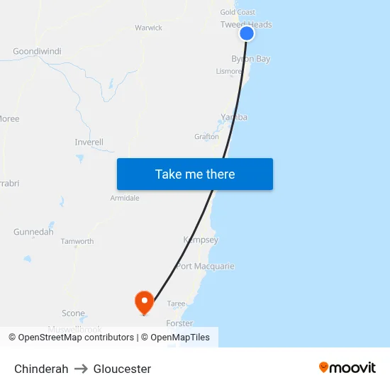 Chinderah to Gloucester map