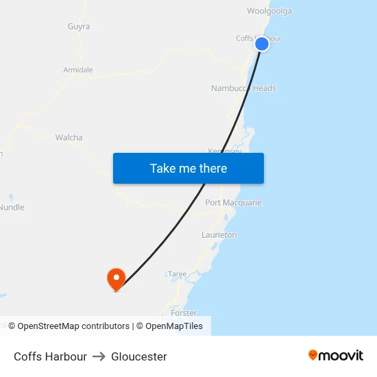 Coffs Harbour to Gloucester map