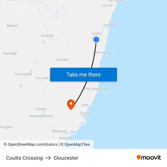 Coutts Crossing to Gloucester map
