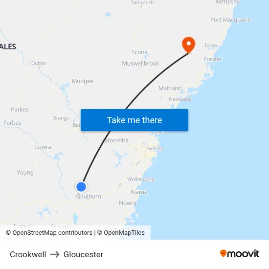 Crookwell to Gloucester map