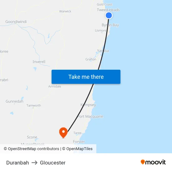 Duranbah to Gloucester map